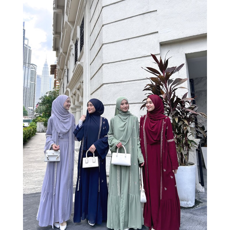 Trisya Abaya ชุด Ceruty Babydoll เย็บปักถักร้อยที่สวยงามแอพพลิเคชั่นล่าสุดของผู้หญิง Abaya Gamis ตุรกี Abaya คํารามis ง่าย Elegant Ceruti Gamis