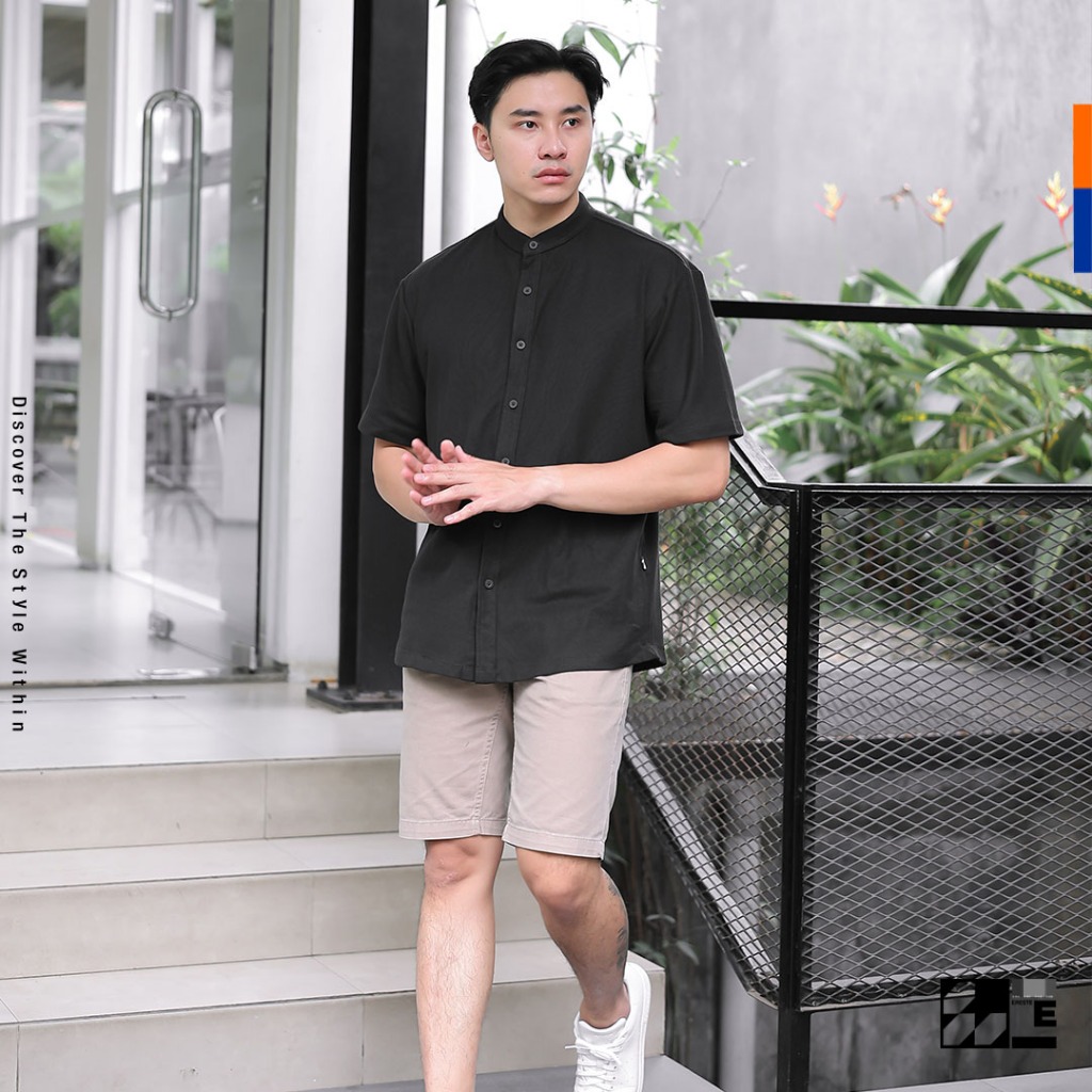 KEMEJA Ereste Shirt Mens Plain Pique Shirt Black Javelin