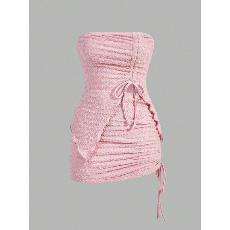 BUTIBYLUISA - Drawstring Detail Lettuce Trim Strapless Top And Skirt Pink Set