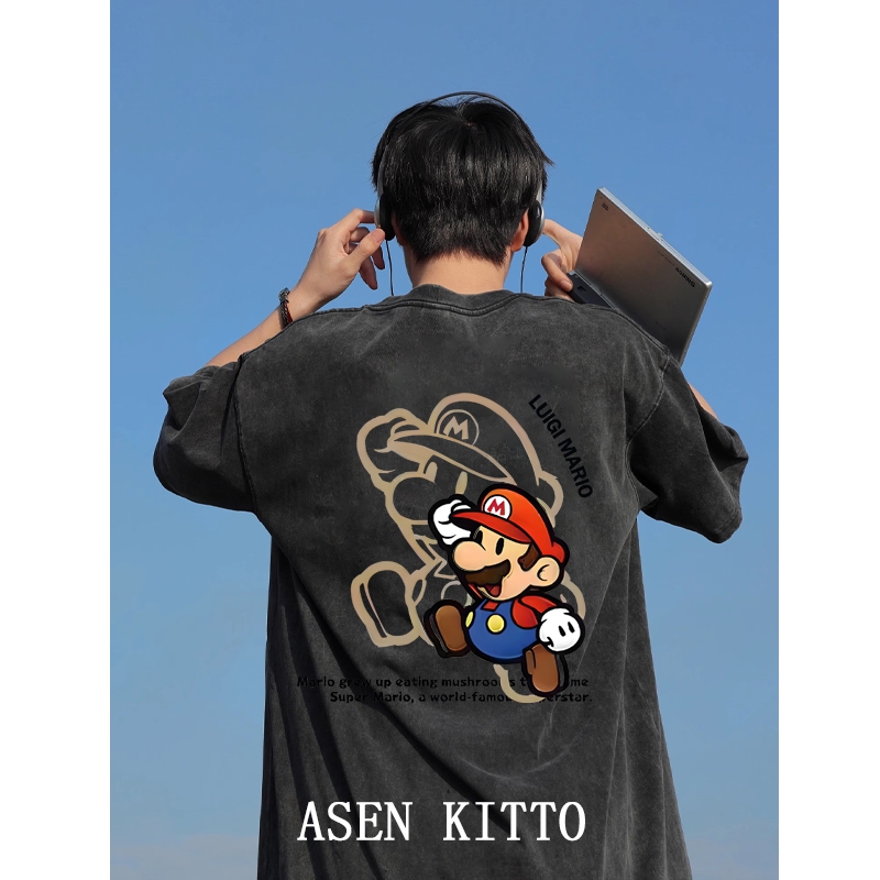 Asen KITTO แฟชั่นเกาหลี super mario ผู้ชายผู้หญิงเสื้อล้าง tshirt เสื้อยืดขนาดใหญ่ distro เสื้อผ้าต้