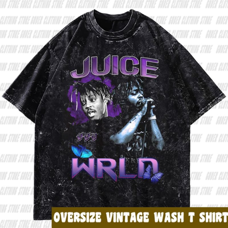 เสื้อยืดโอเวอร์ไซส์ Juice Wrld | ผ้าฝ้าย 24s ในตัว | วินเทจ แบล็ค แอนด์ วอช