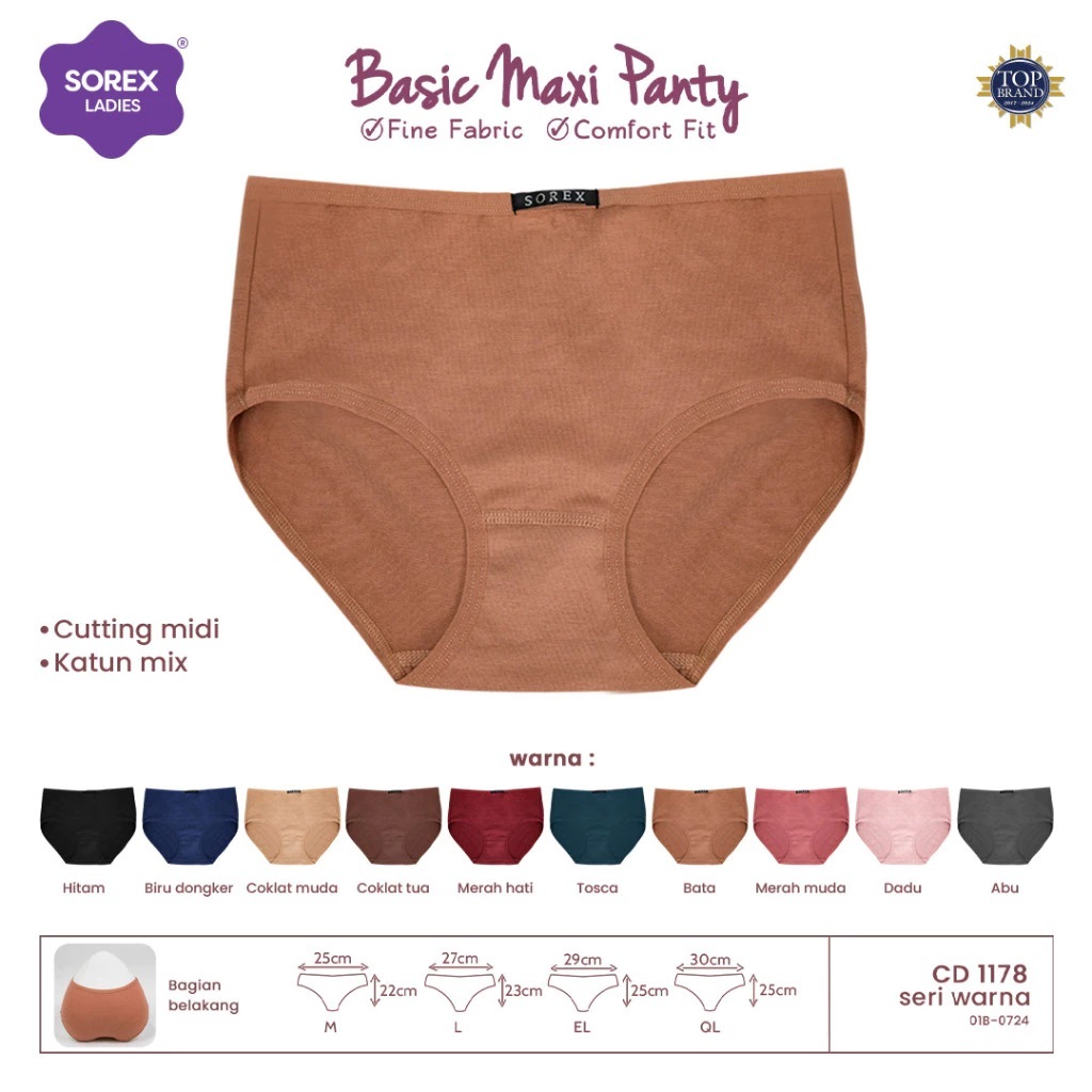 (12ชิ้น) ซีดี Sorex 1178 | Sorex Womens Basic Maxi Panty Plain Colourful - Kshop