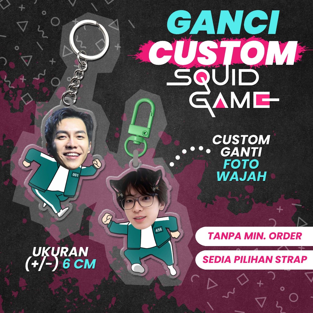 Gantungan Ganci พวงกุญแจเกมปลาหมึกแบบกําหนดเอง พวงกุญแจรูปถ่ายหน้าแบบกําหนดเอง การออกแบบ SQUID GAME - รหัส GCFC_SQD