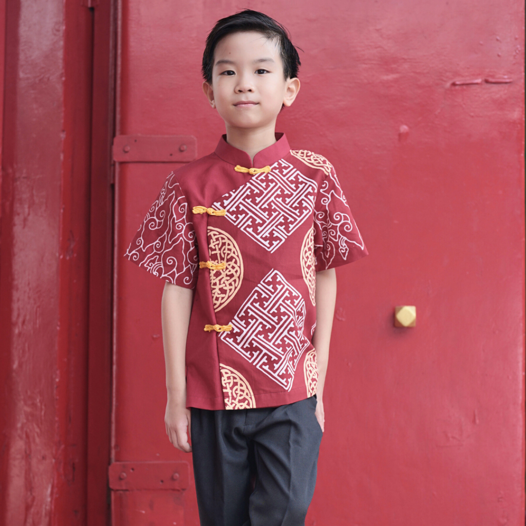 MERAH KEMEJA BATIK TRUSMI Lunar Collection Short Shirt for Boys Chinese New Year Edition Kayden Red
