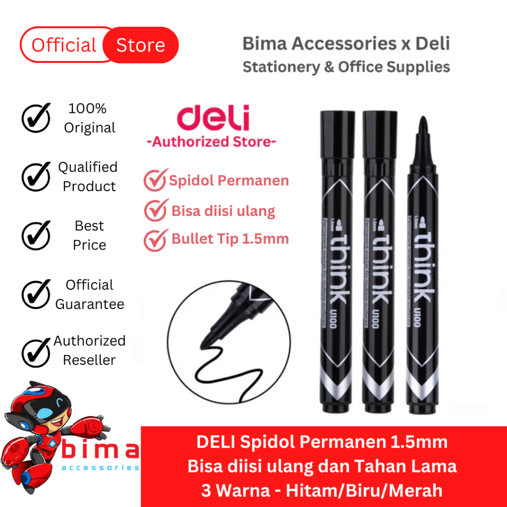 MERAH DELI ปากกามาร์กเกอร์ถาวรสีดําหมึกสีแดงสีฟ้า 1.5 มม. แห้งเร็วติดทนนาน EU100X0