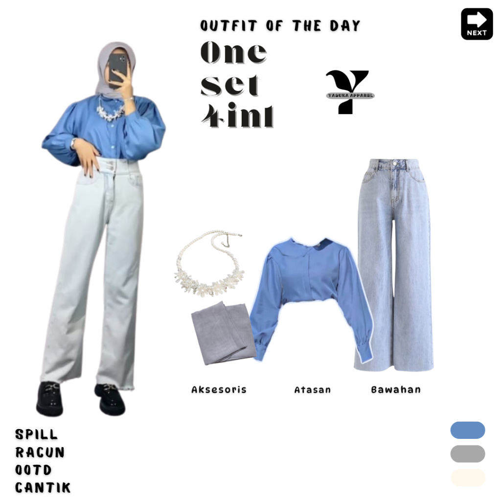 เสื้อเบลาส์แขนบอลลูน + กางเกงยีนส์เอวสูง + ฮิญาบ ฟรีสร้อยคอ _ 4ใน1 ชุดว่ายน้ําวันพีซผู้หญิงอินเทรนด์