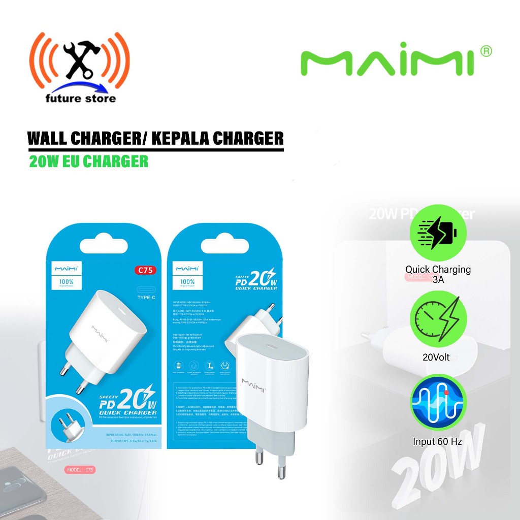 MAIMI C75 Smart Charger Pd 20 W Qc3.0 สีขาว Original - 20W Fast Charging Charger - Wall Charger PD (