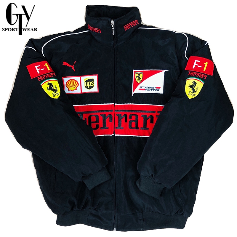 GTY Ferrari F1 Racing Jacket สําหรับผู้ชายสีดํา Retro รถจักรยานยนต์คู่แจ็คเก็ตซิปสําหรับผู้หญิง