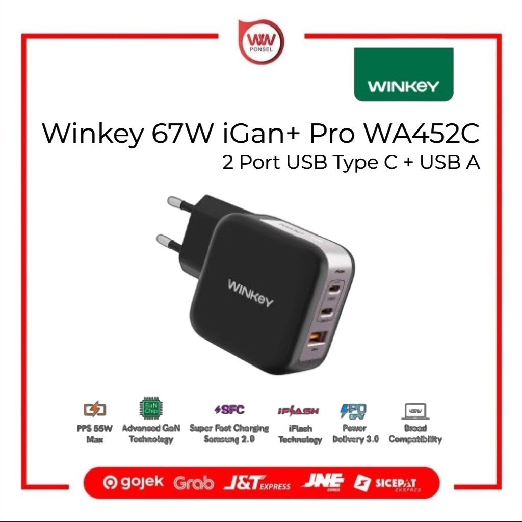 Winkey WA672C1A เครื่องชาร์จ iGan+ Pro 67W 3 พอร์ต PD PPS USB C & USB A