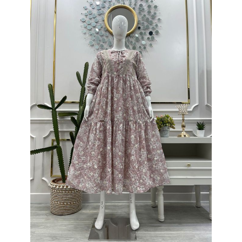 Katun salvina ys ชุดเดรส Midi ปักลายดอกไม้เล็กๆ / ชุดเดรสลูกไม้ slida ys / ผ้าฝ้ายระดับพรีเมียม