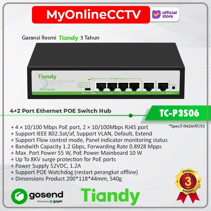 Tiandy TC-P3S06 4+2 สมาร์ท POE สวิทช์ฮับกล้อง IP กล้องวงจรปิด - SPEC:F/0420/AT/55Tidy TC-P3S06 4+2 ส
