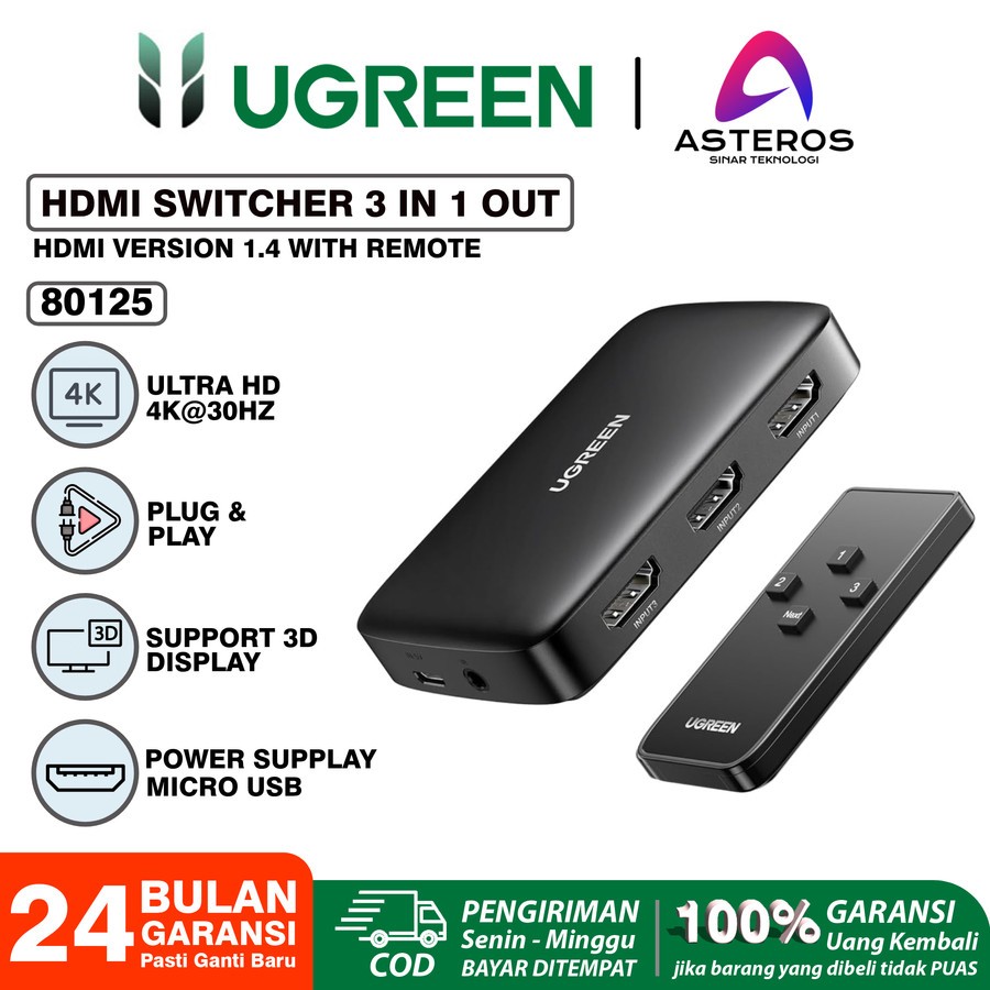 Ugreen HDMI Switcher 3 in 1 Out 4K HD 1080P พร้อมรีโมท 40234 80125 50966