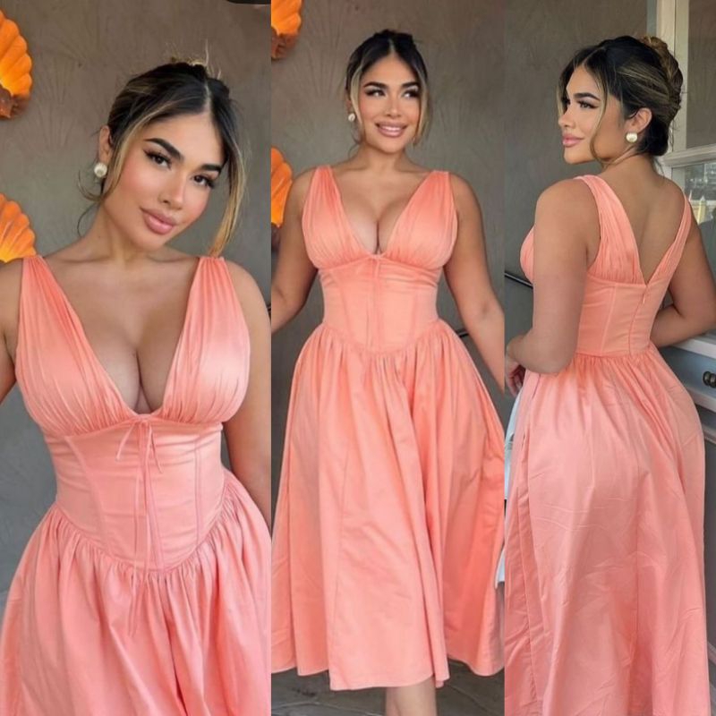 เดรสยาวน่ารักสีชมพูพีช 76103 (TZ)