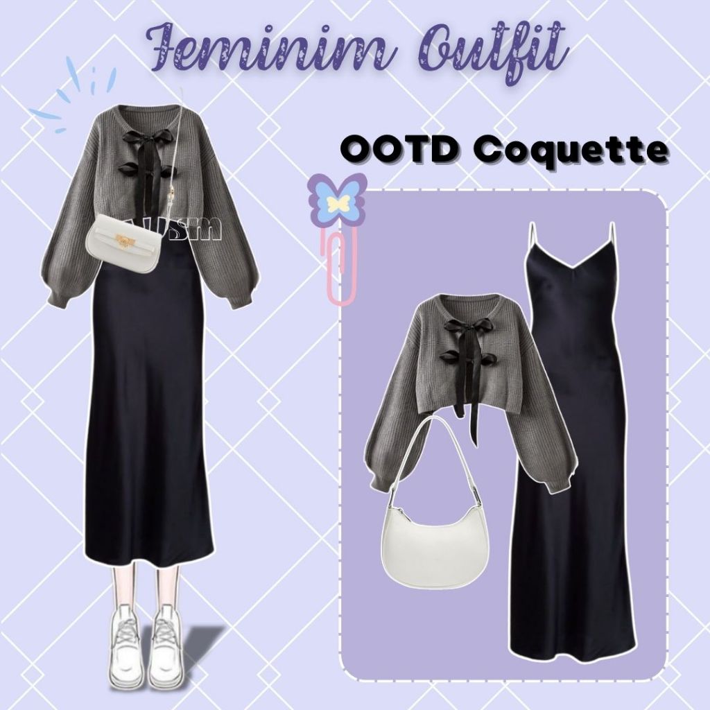Feminine Outfit 3in1 (Cardigan + เดรส + กระเป๋าสะพาย) Coquette