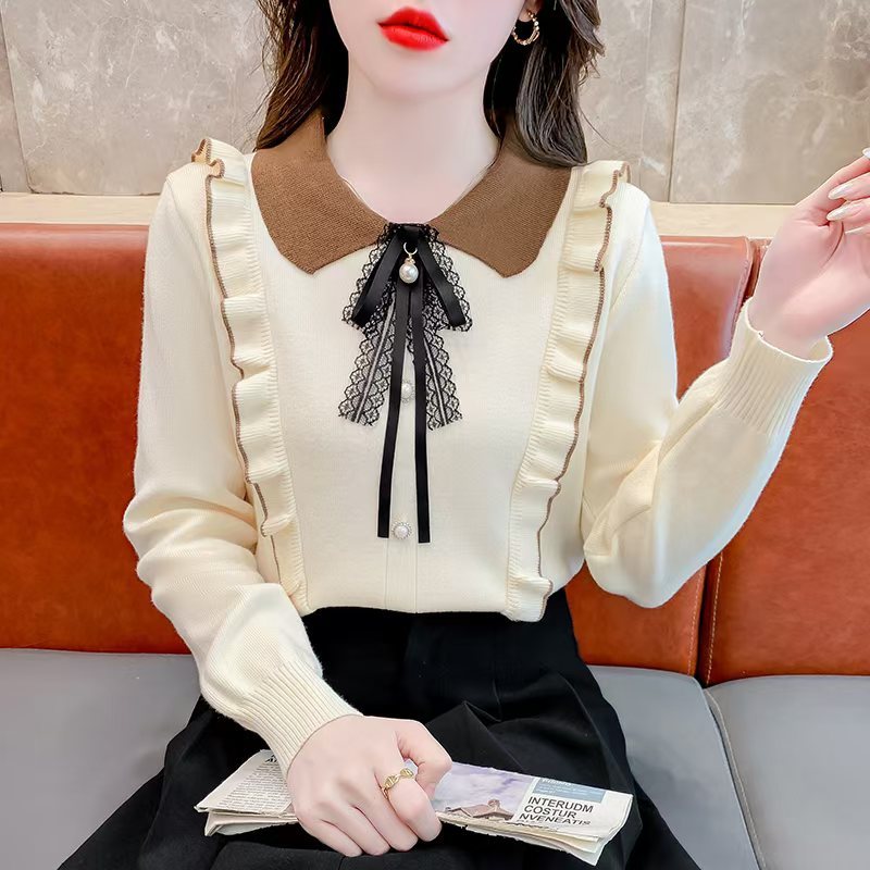 [TTEUDA] เสื้อท็อปสตรีอินเทรนด์พร้อมปกรูดสไตล์เกาหลี | Raffle Collar Ribbon Knit Premium Womens Shir