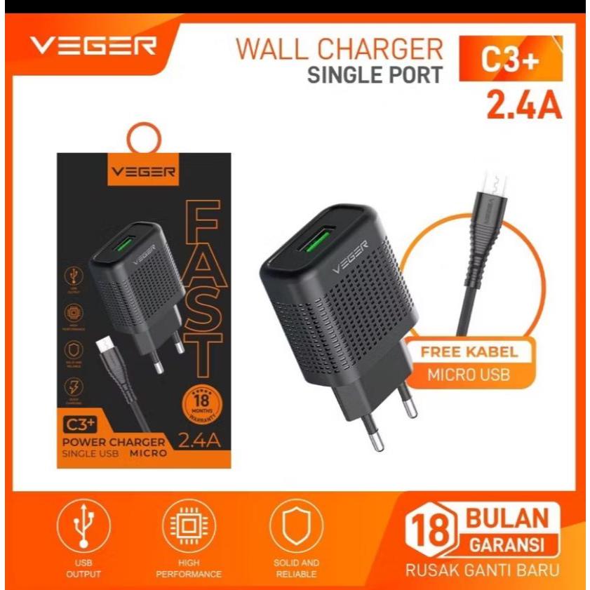 ￼VEGER C3+ / เครื่องชาร์จไฟ VEGER C3+ พร้อมสาย MICRO, TYPE C 2.4A ชาร์จเร็ว การรับประกันอย่างเป็นทาง