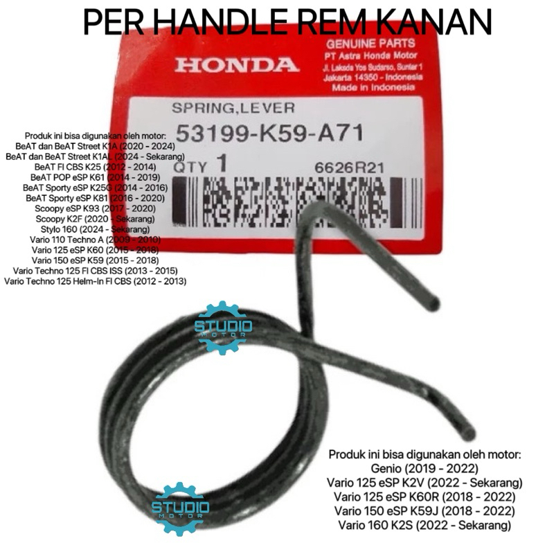 53199K59A71 ฤดูใบไม้ผลิก้านเบรค Return Beat CBS Vario 110 125 150 Stylo 160 Genio Scoopy Esp 53199KV