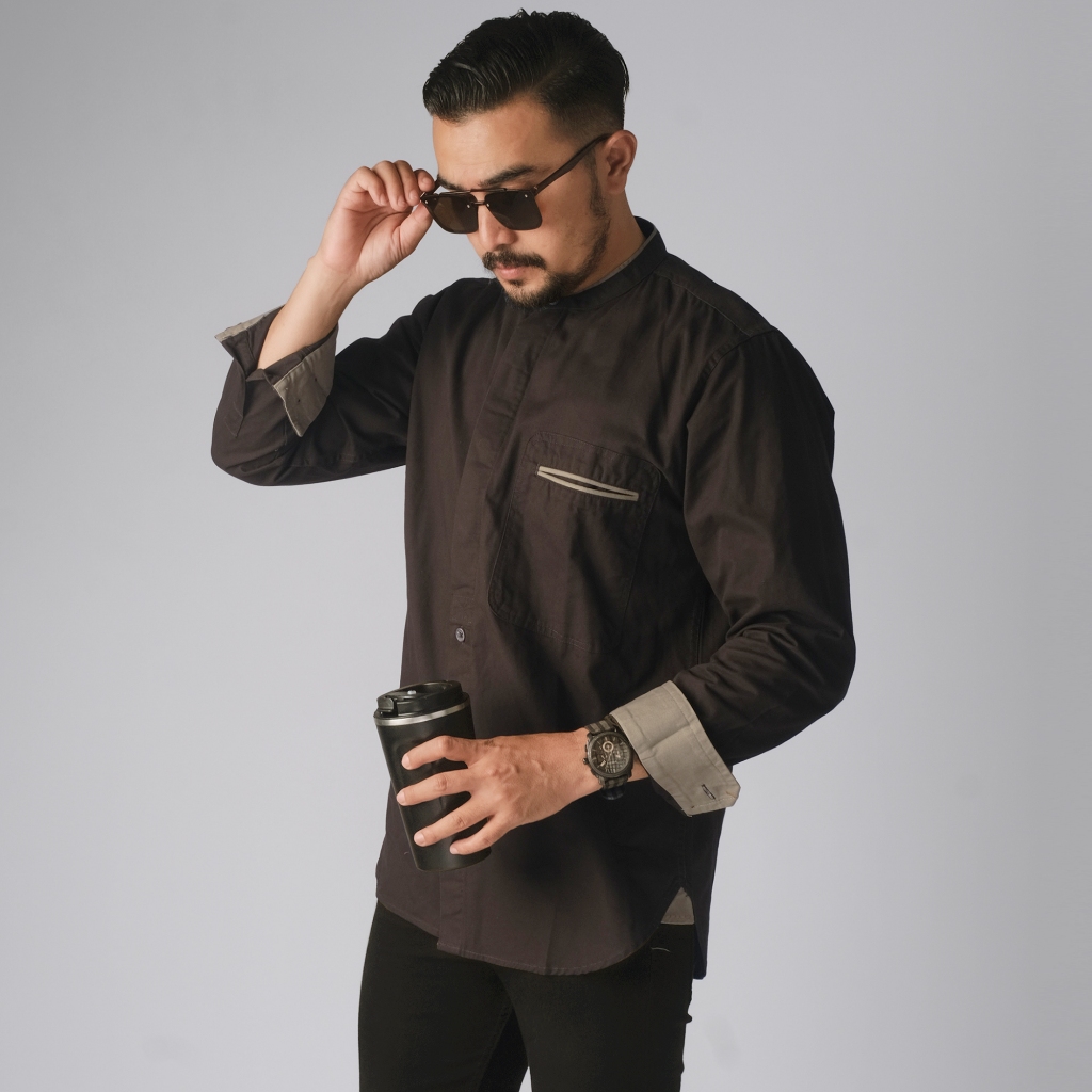 KEMEJA KATUN DGM ผู้ชายพรีเมี่ยม 30 S Twall ผ้าฝ้ายเสื้อแขนยาว Shanghai Collar Dark Saddle สีน้ําตาล