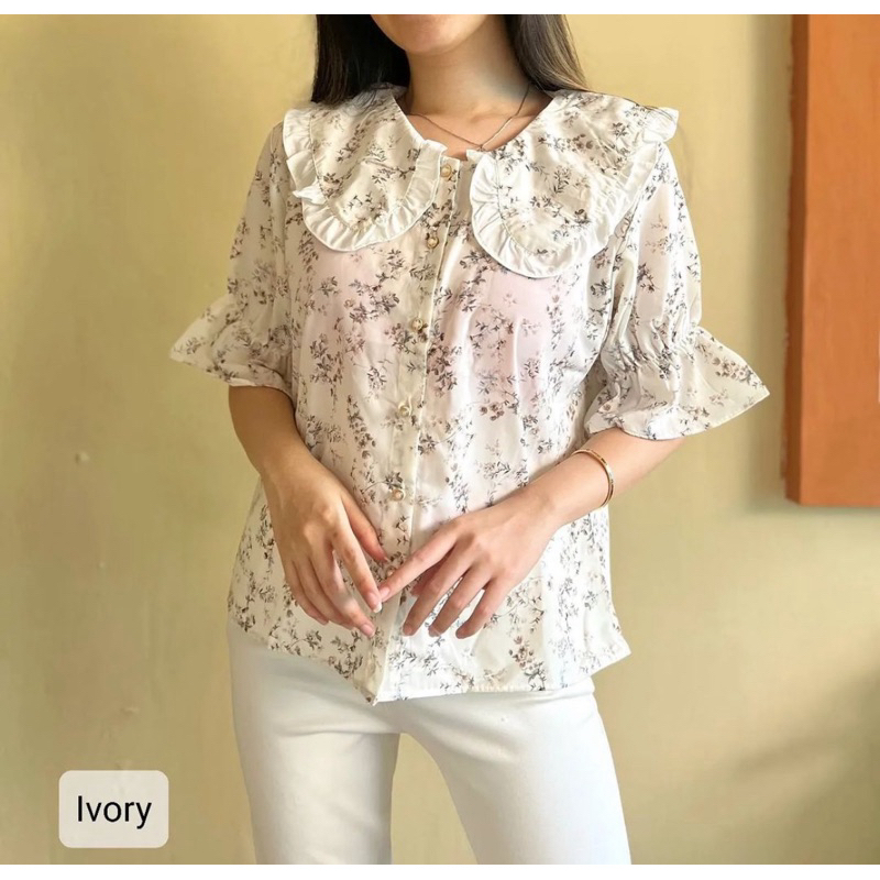 Bestclothing - Flower Sheraton เสื้อเชิ้ตผู้หญิง Lalisa คอปก / เสื้อท็อปผู้หญิงแขนยาว
