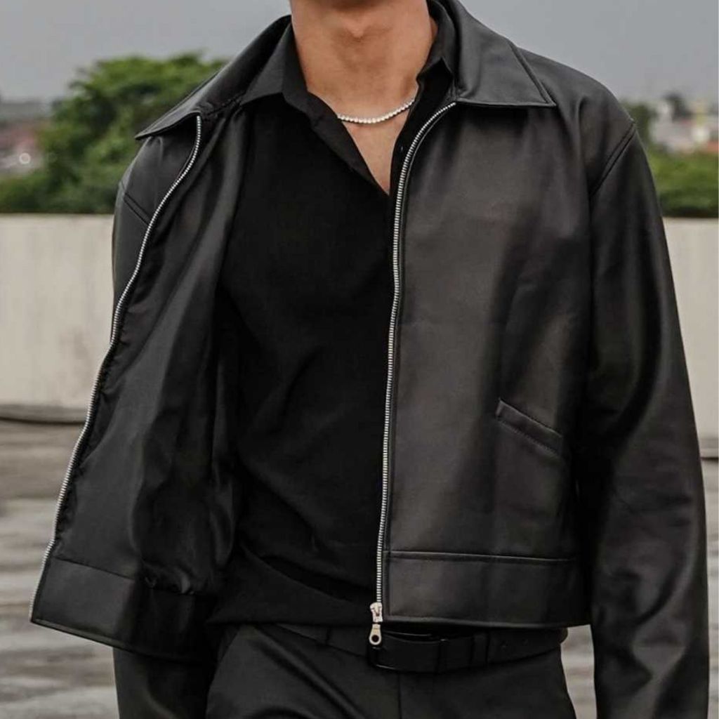 ผู้ชายสีดําสังเคราะห์หนัง Crop Jacket Cool Boxy ซิปสําหรับชายสีดํา Crop Jacket Pu