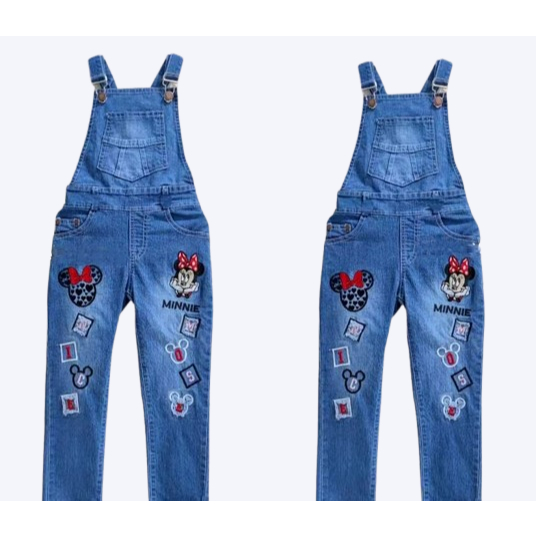 Overall Jeans for Girls with Minnie Mos เย็บปักถักร้อย Motif, Jumpsuit for Children 2-12 Years, Best
