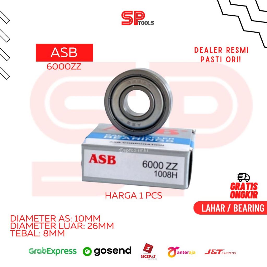 LAHAR / BEARING ASB 6000ZZ 6000 ZZ IRON CAP 10MM X 26MM x 8MM