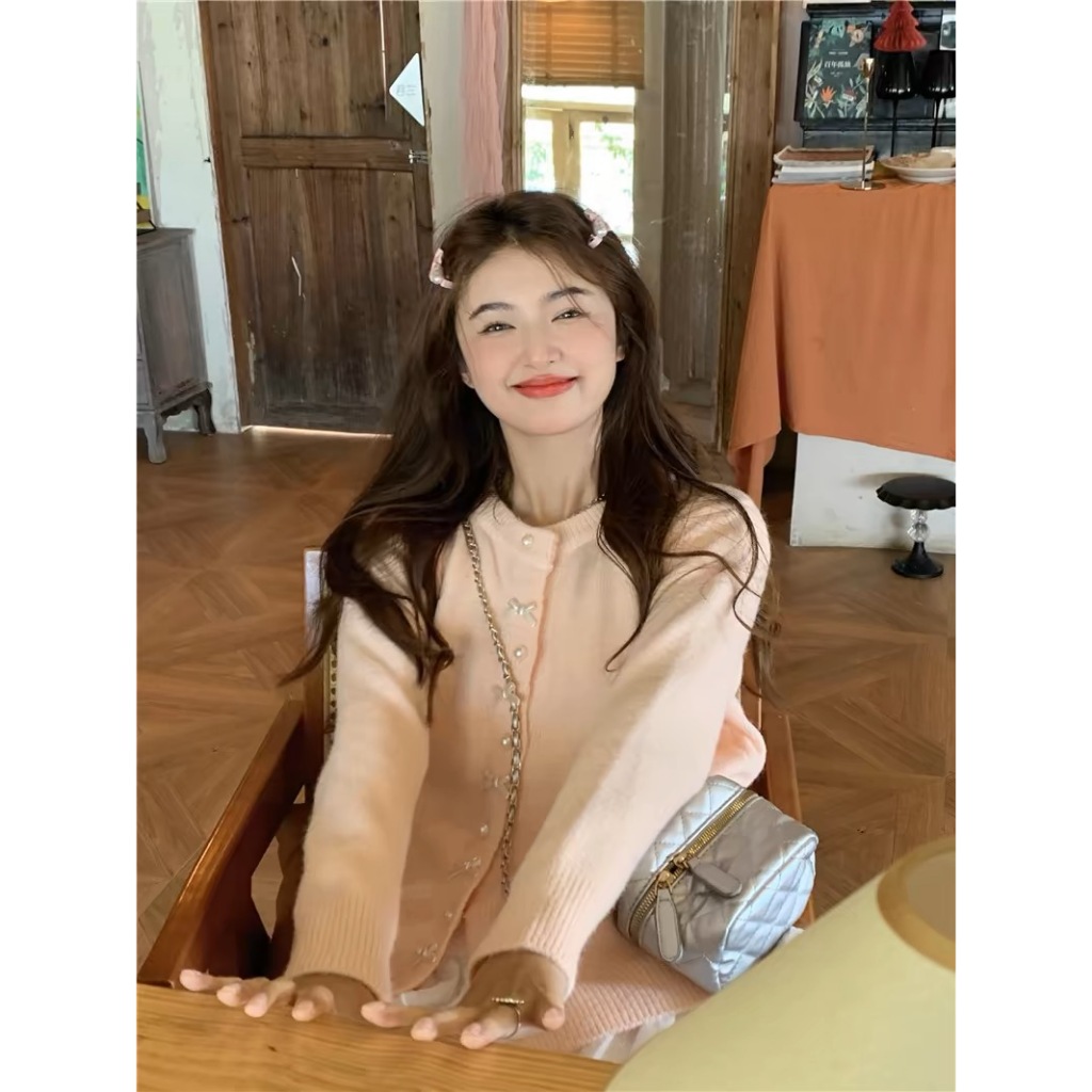 ELLE เสื้อคาร์ดิแกนผ้าถักสไตล์เกาหลีพร้อมริบบิ้นน่ารัก Girly Coquette