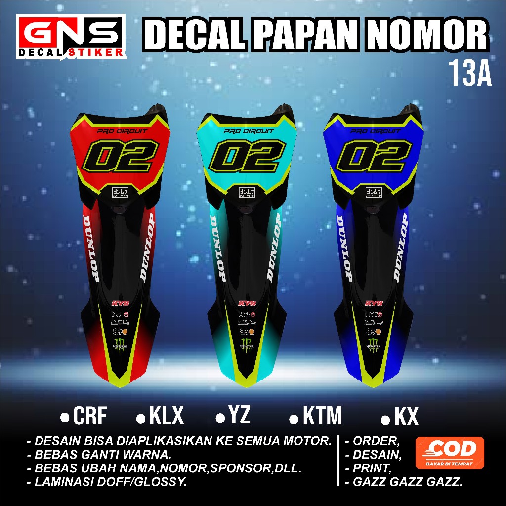 กระดานหมายเลขทําลายและบังโคลนด้านหน้า CRF 150L KLX YZ KX KTM CODE 01