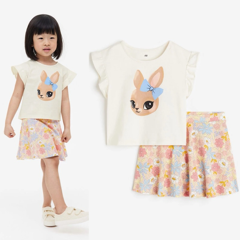 H&M kids set girl [สีเบจดอกไม้/กระต่าย] ต้นฉบับ