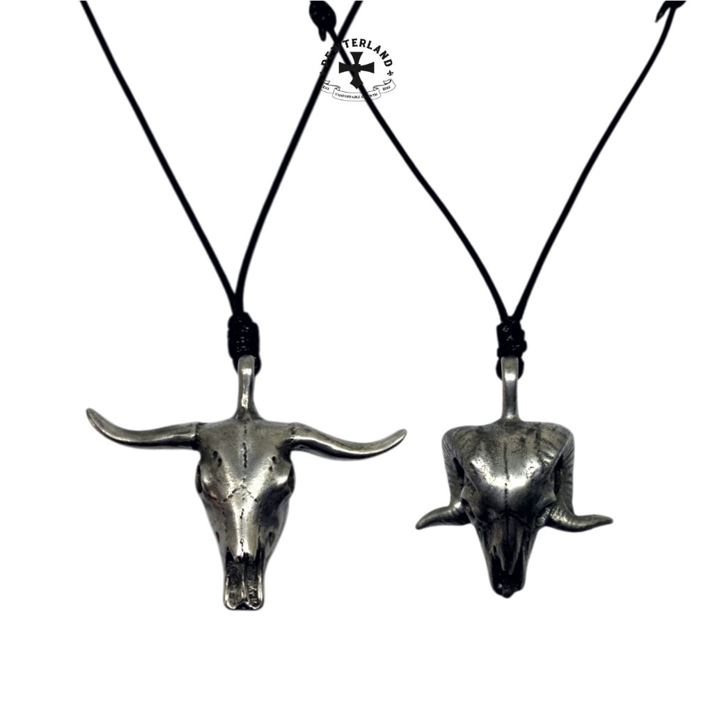 Pewterland Animal Cranium Skull Necklace ทําจากโลหะดีบุกพร้อมเชือกไฟเบอร์หนังสําหรับผู้ชายและผู้หญิง