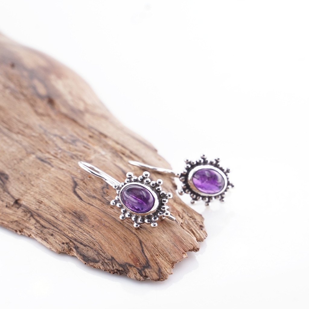 ต่างหูตะขอผู้หญิง 925 Silver Amethyst Cabochon Kembang Jawan