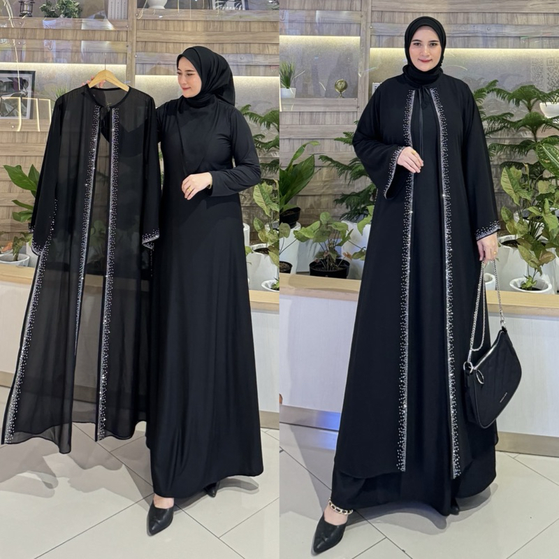1 ชุดของ TURKEY ABAYA GAMIS ผู้นอกภายใน SWAROVSKI SILVER และสีดําเต็ม SEQUIN RIBBON คอลเลกชันต่างๆใหม่ล่าสุด DAVVSAA