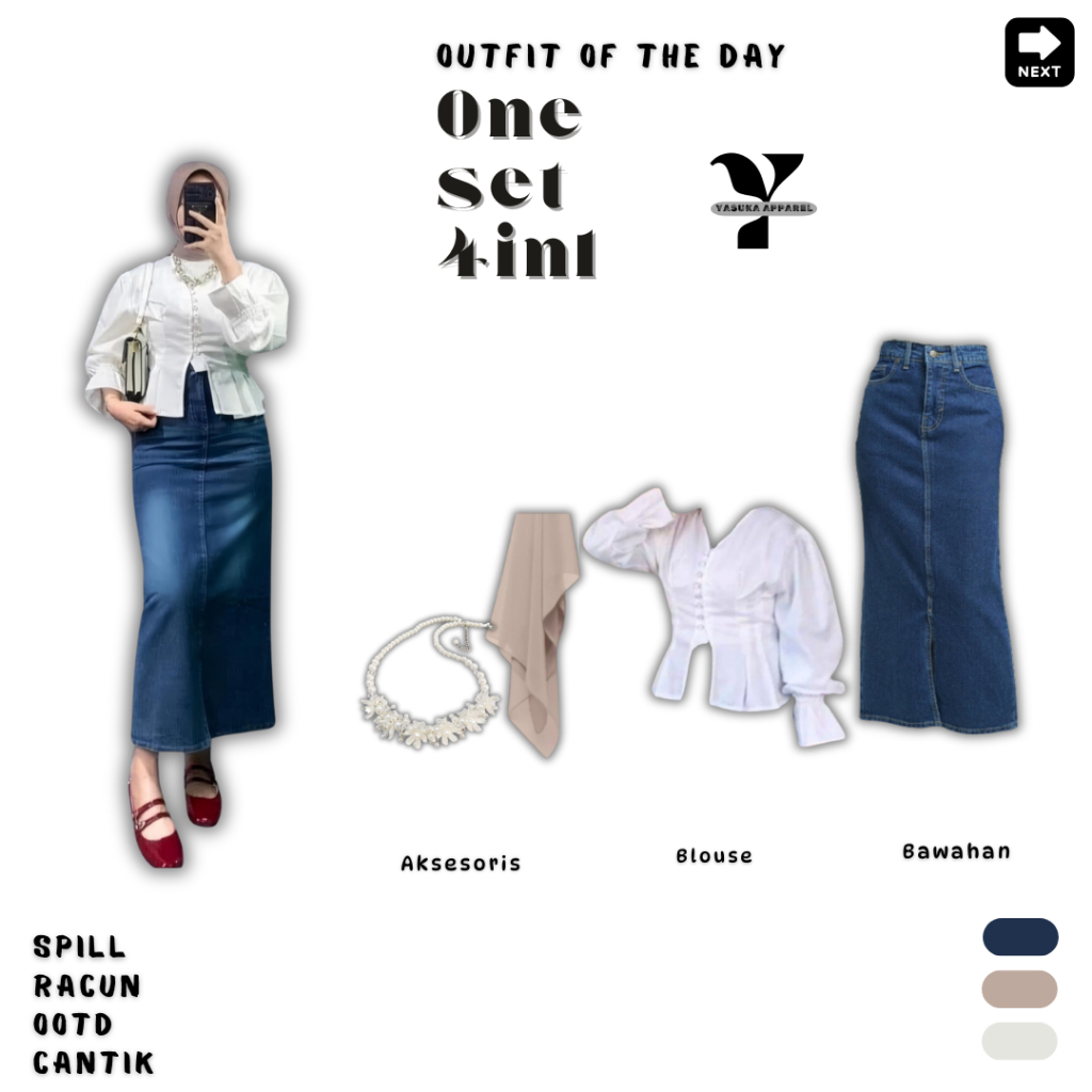 4in1 Oneset สําหรับผู้หญิง_สไตล์เกาหลี [Blouse + กระโปรงยีนส์ + ฮิญาบ + สร้อยคอ] YAP125