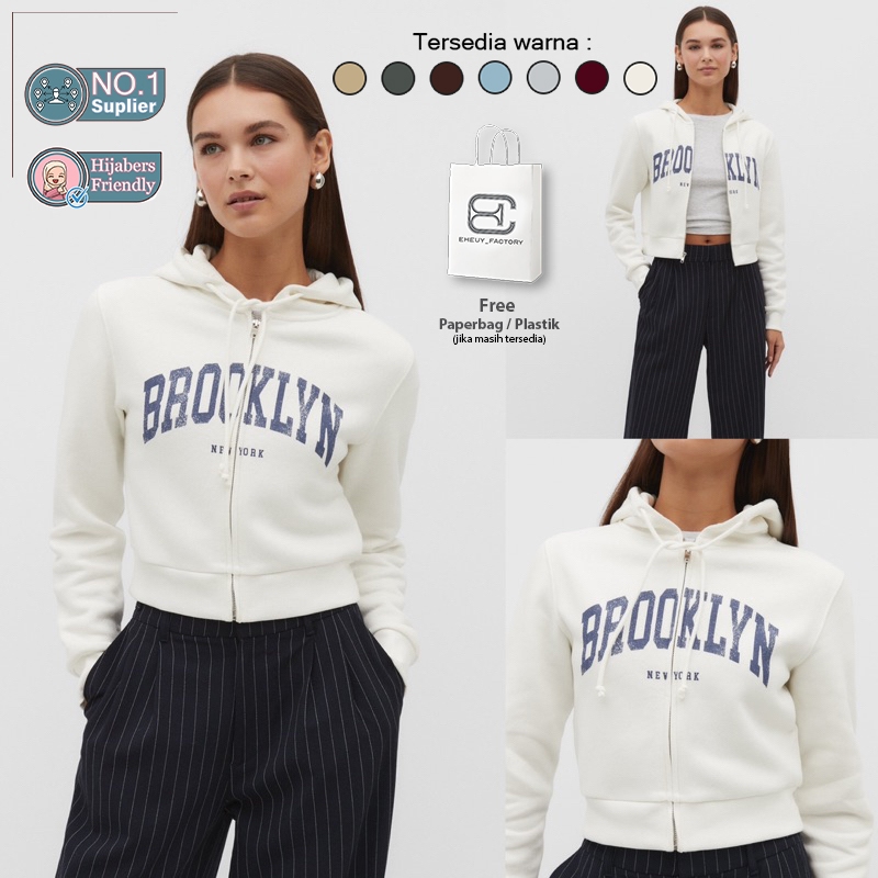 BROOKLYN Womens Zipper Crop Lilac Logo - Womens Zipper Crop Hoodie วัสดุขนแกะหนา 280-320GSM Basic Lo