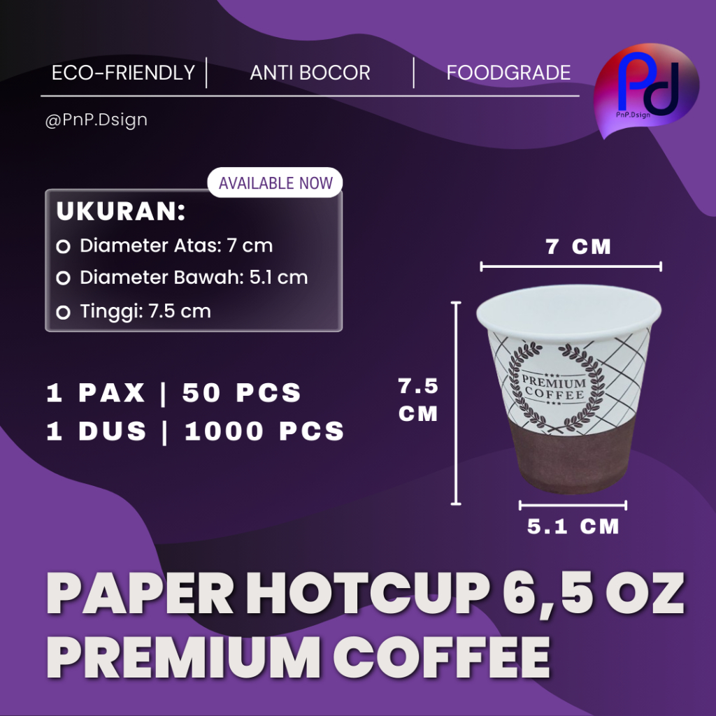 Paper Hot Cup 6.5 oz 180 ml Premium Coffee Paper Cup, 50 ชิ้น