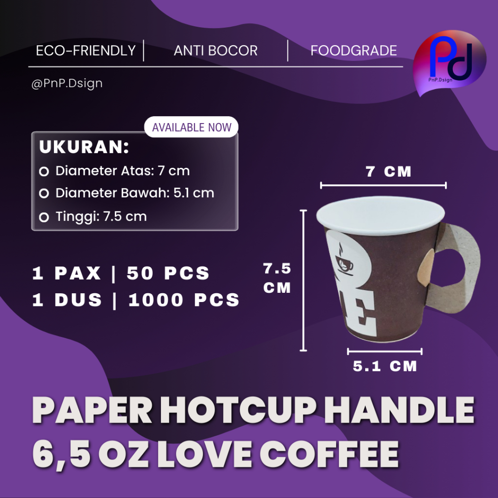 Paper Hot Cup 6.5 oz 180 ml Love Coffee Handle 50 ชิ้น