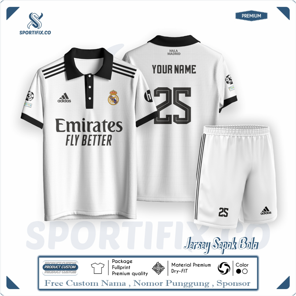 REALMADRID EMIRATES JERSEY FULLPRINT ฟรีชื่อและหมายเลข (สามารถเป็นซ้ายของคุณ) PREMIUM MATERIAL
