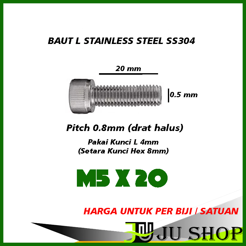 Bolt L M5x20 (SMOOTH) (8MM KEY / 4MM L key) สแตนเลส M5 x 20 SS304 (PRICE PER PIECE)