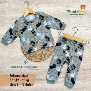 Nanaku Baby (Motif Printing Kucing) Setelan Piyama Bayi Kancing Depan || Setelan Baju Tidur Lengan Panjang || Setelan Baju Bayi Celana Pemperes || Set Piyama Printing Usia 3-12 Bulan