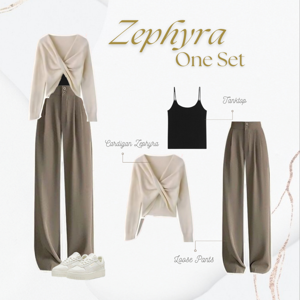 การรักษาเกาหลี | Cream Crop ถักคาร์ดิแกน Black Tank Top หลวม Taupe กางเกง | ชุด 3in1 OJ05