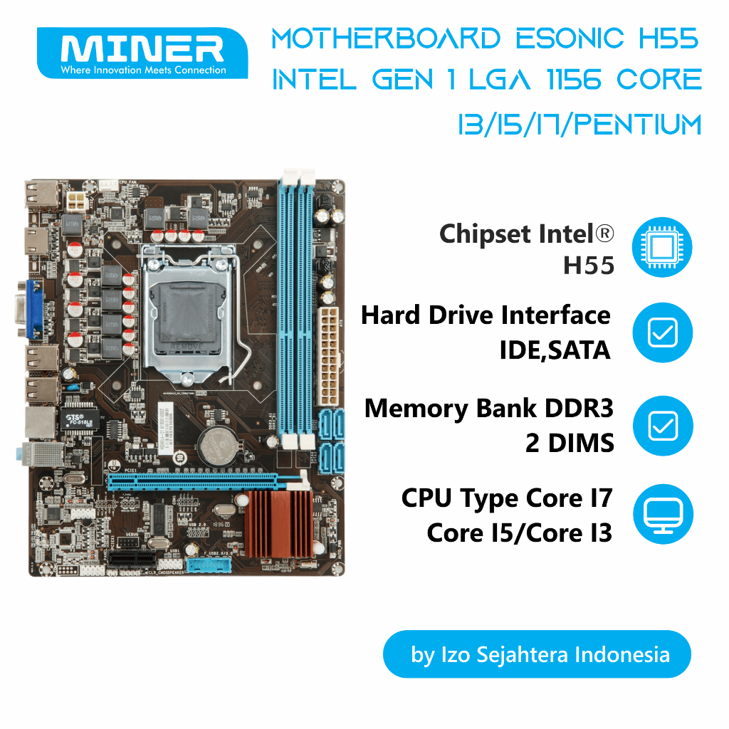 เมนบอร์ด H55 Esonic Intel Gen 1 LGA 1156 Core I3/I5/I7/Pentium
