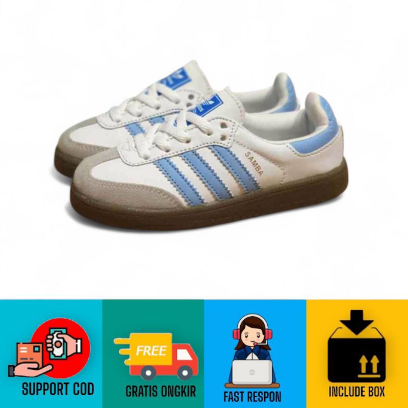 Putih Adidas Samba OG Kids White Blue White Blue White Blue รองเท้าสําหรับเด็กผู้หญิง