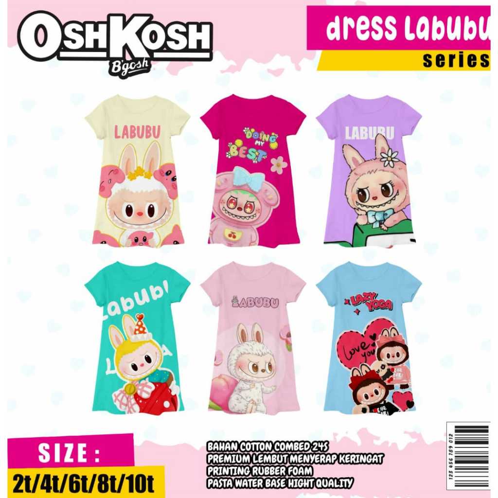 Katun DRESS | ชุดเด็กผู้หญิง | Labubu Labubu Labubu Labubu | Combet Cotton | ไซส์ 2-10 ปี