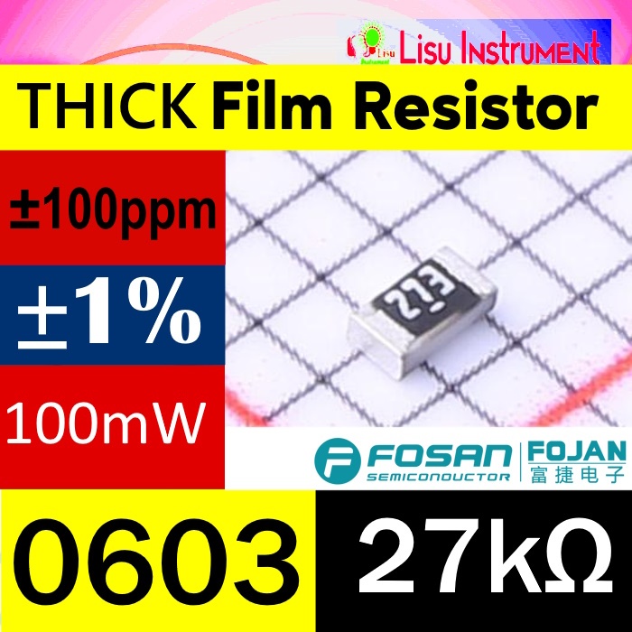 27kΩ 0603 ±1% 100mW 75V ±100ppm/°C ตัวต้านทานฟิล์มหนา 27k 27 273 FRC0603F2702TS FOJAN
