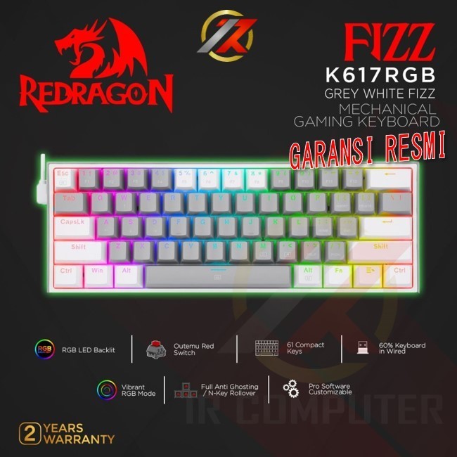 REDRAGON FIZZ - K617-RGB GREY WHITE RED SWITCH คีย์บอร์ดเกมกลไก