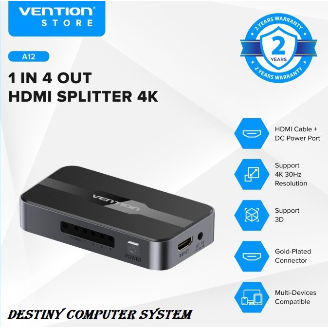 ตัวแยก HDMI Vention 4K 4Port 1x4 1In 4Out อลูมิเนียมสีดําประเภท EU Standard A12B0-EU