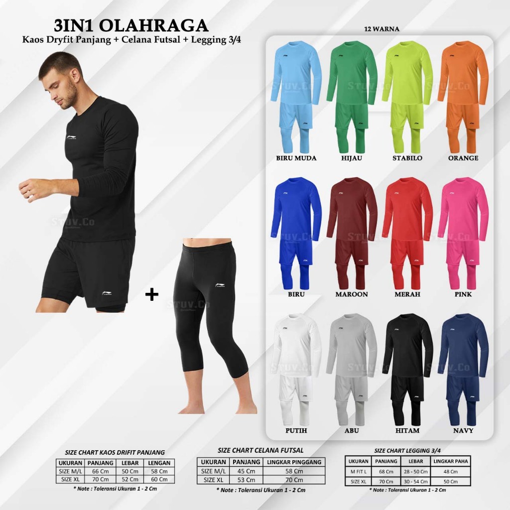 3IN1 COMBO PACKAGE DRYFIT LONG T-SHIRT SHORT PANTS & 3/4 LEGGINGS FITNESS GYM SPORTY UNISEX