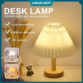 Retro Pleated Lamp Lampu Meja Dasar Kayu LED Lampu Baca Samping Tempat Tidur