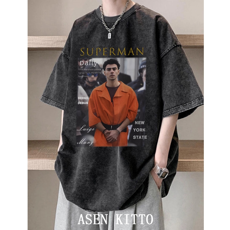 Asen KITTO SUPERMAN Luigi Mangione ผู้ชายผู้หญิงล้างเสื้อยืดท็อปส์เสื้อยืดขนาดใหญ่ distro เสื้อผ้าต้