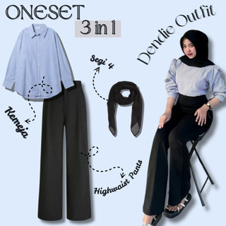 Oneset Kekinian Oneset 3in1 Kece Dendie Outfit(Kemeja Salur+Kulot Scuba+Hijab) FREE GIFT 017